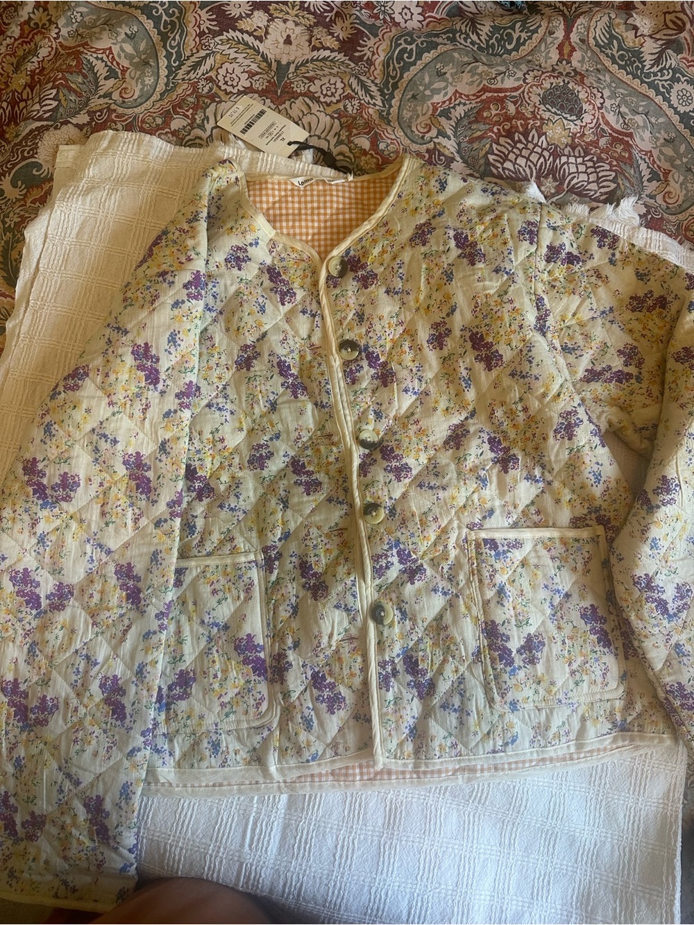 Quilted Floral Button-Front Jacket - Cream with Purple Flowers